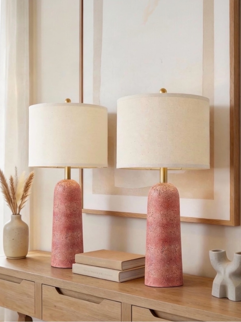 NEW Anthropologie Set of 2 Pink Resin Stone Boho Table Lamps Linen Lighting 27"